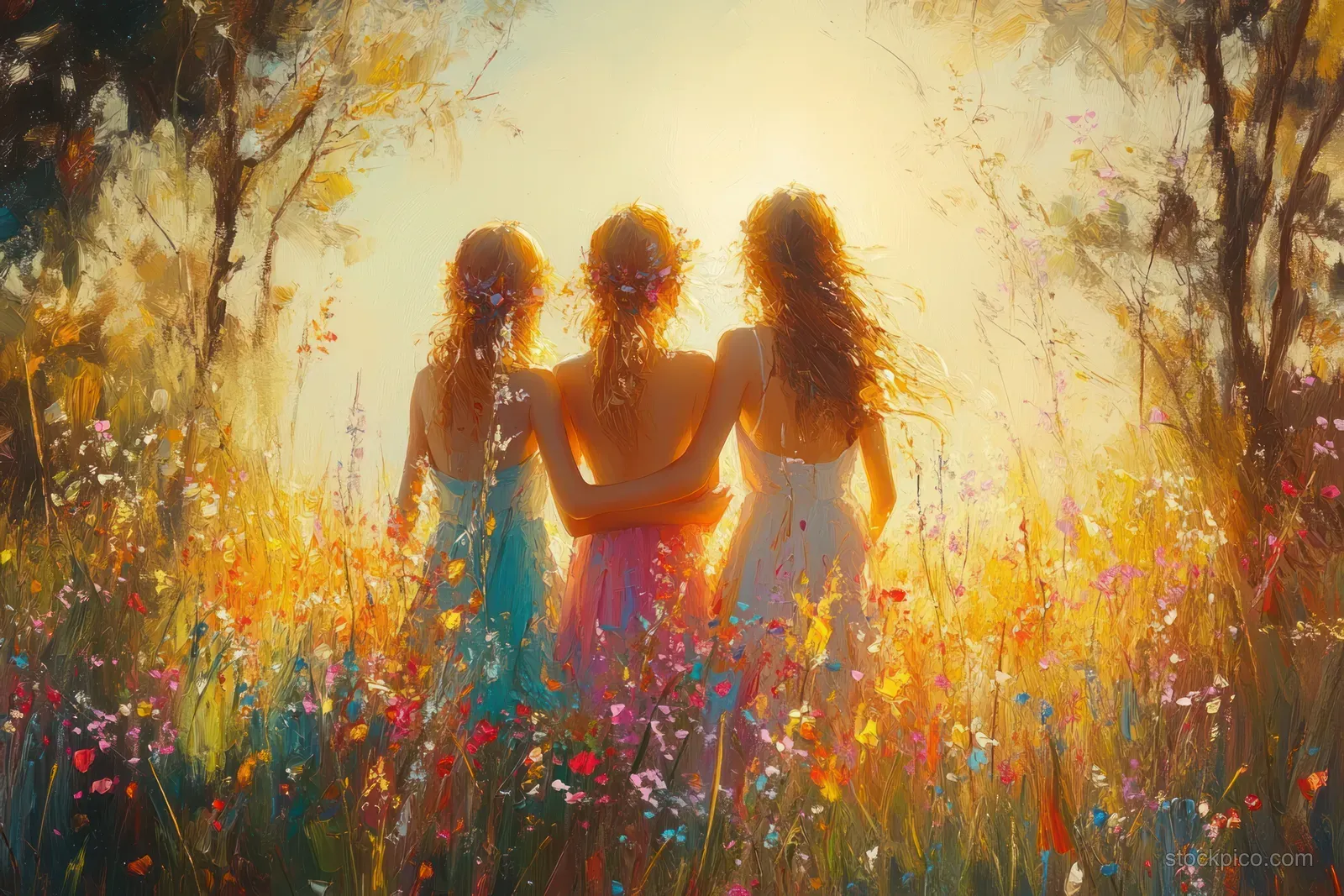 Three girls embrace outdoors in a sunlit park with colorful flowers and softly blurred trees.