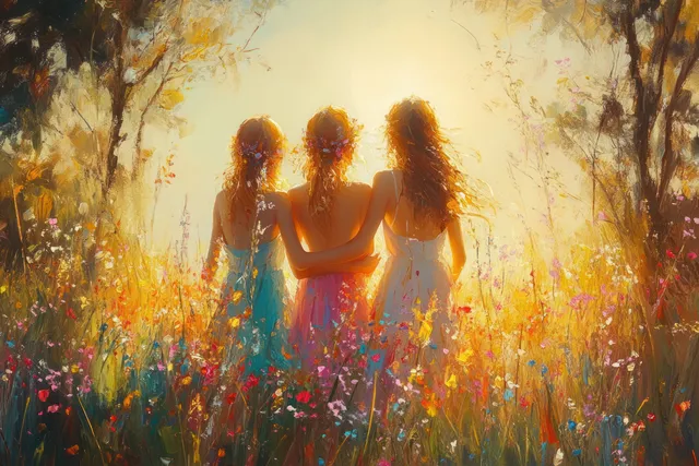 Three girls embrace outdoors in a sunlit park with colorful flowers and softly blurred trees.