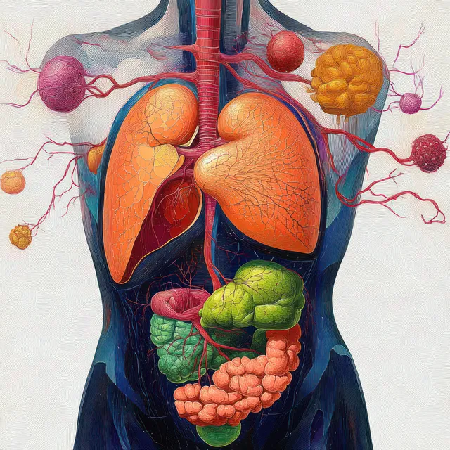 Surreal human torso illustration with highlighted liver, pancreas, and surrounding organs on a white background.