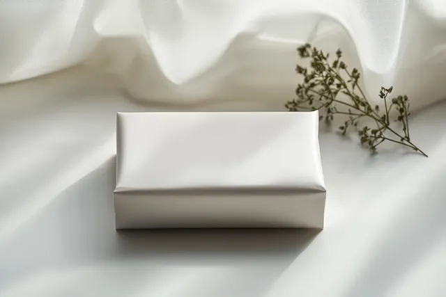 Flat lay white protein bar snack package mockup on soft fabric background