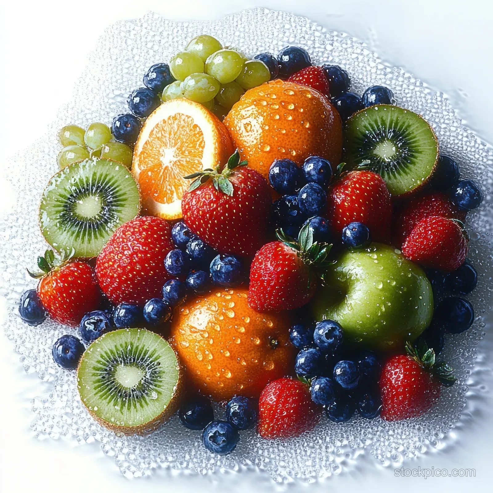 Mixed fruit salad of strawberries, blueberries, grapes, kiwi, and orange with water droplets on a textured white surface.