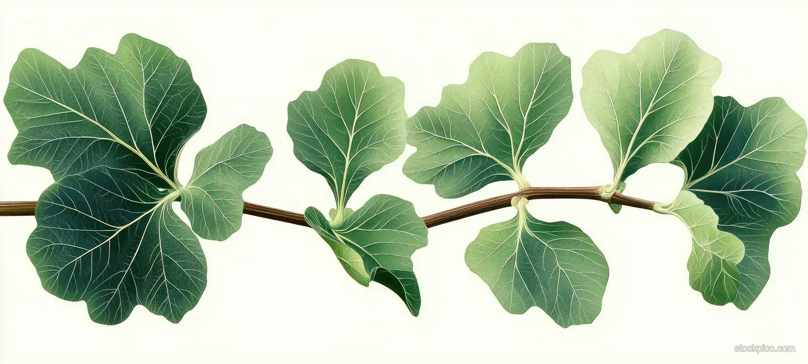 A branch with large green leaves showing detailed veins on a white background.