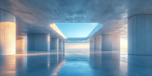 Minimal concrete corridor with an ocean view opening and blue ambient light creating long reflections on the floor.