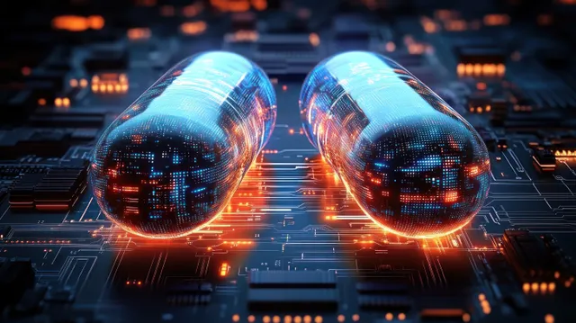 Two glowing brain-shaped AI capsules sit on a blue circuit board amid flowing data lines and microchip lights.