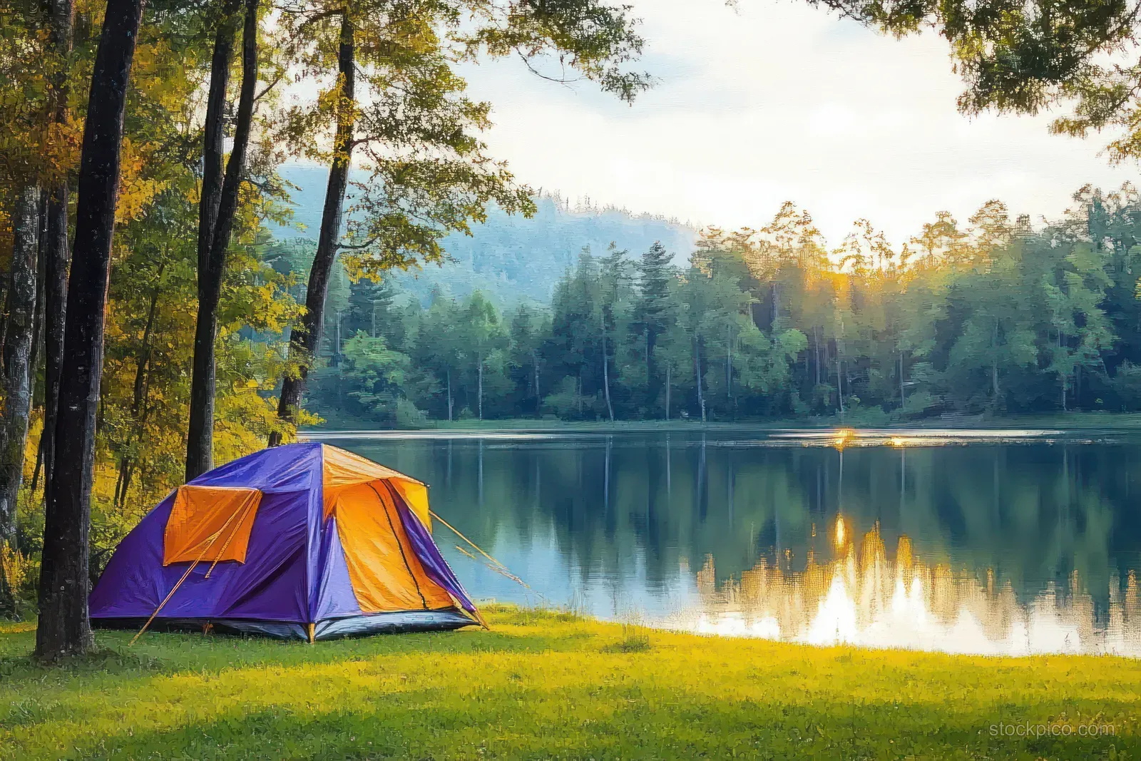 A purple and orange tent pitched on grass by a calm lake with sunset reflections and trees in the background.