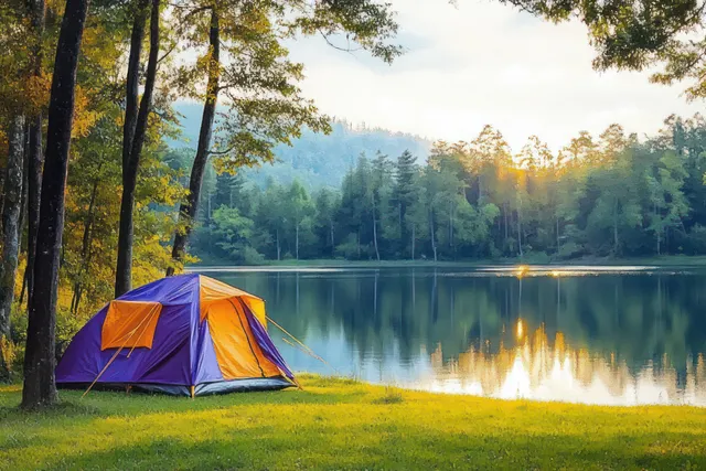 Purple and orange campsite tent beside a calm lake at sunset with tree-lined hills