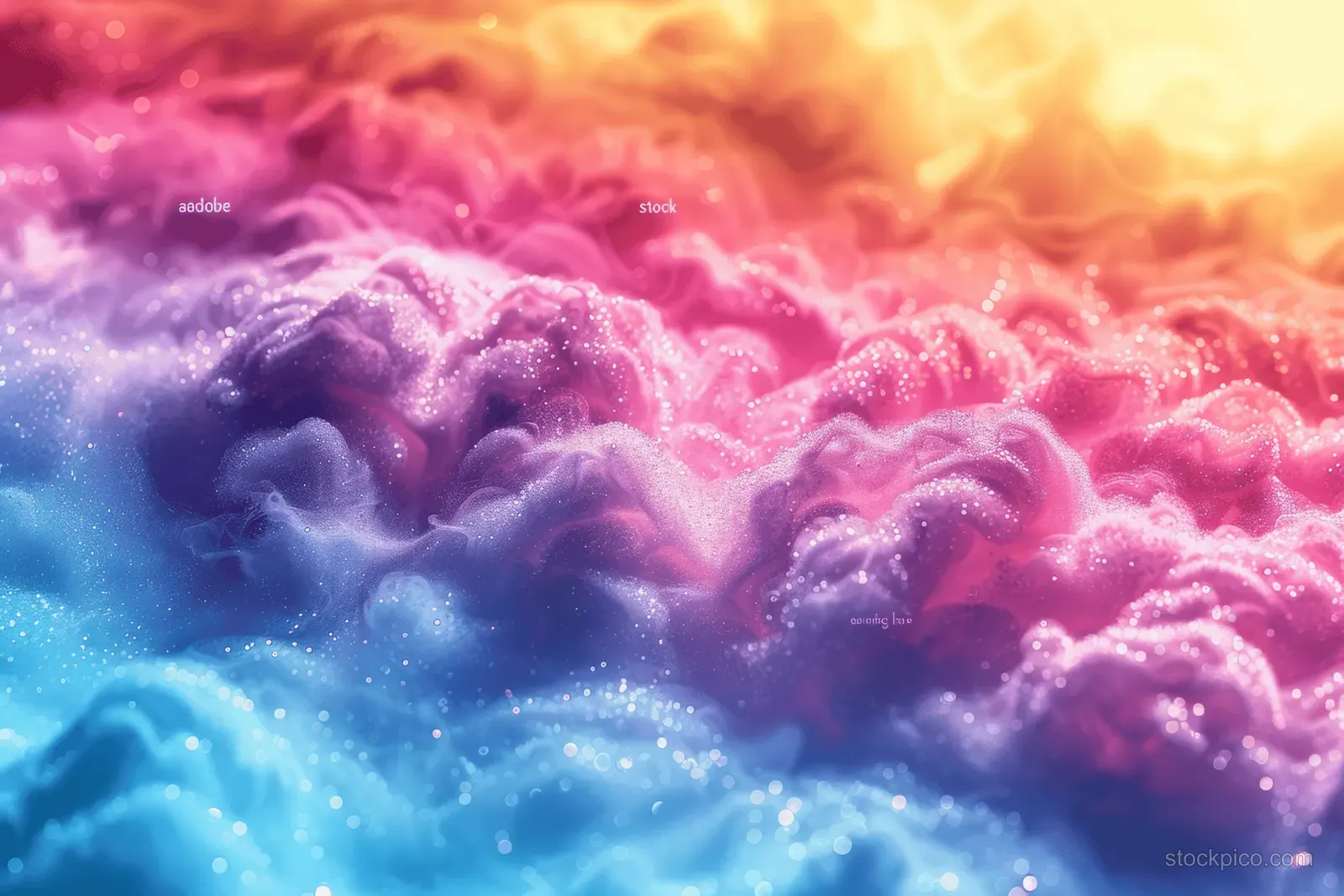Pastel rainbow gradient background with grainy watercolor cloud swirls and soft iridescent glow.