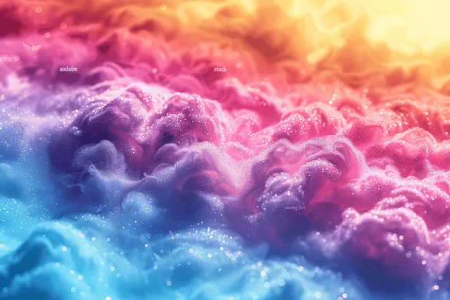 Pastel rainbow gradient background with grainy watercolor cloud swirls and soft iridescent glow.