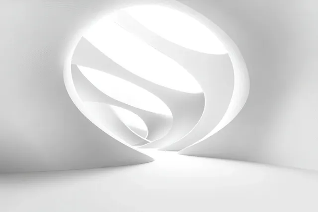 Minimalist white ribbon-like curve sculpture emerging from seamless studio space