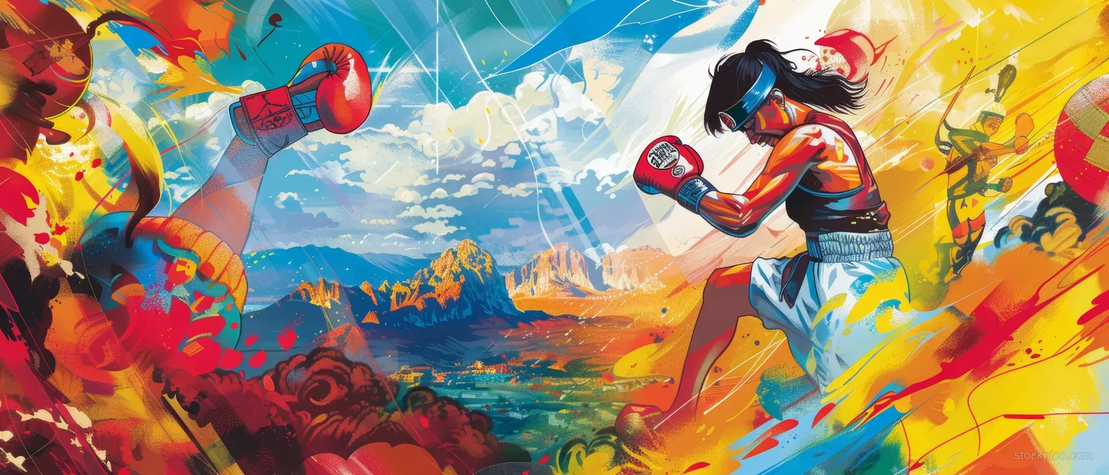 An Indian female boxer punches forward in a colorful mural with motion splashes and energetic background scenery.