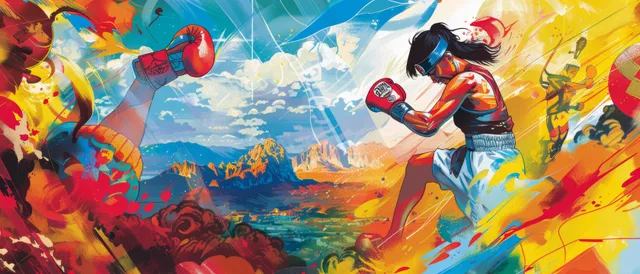 An Indian female boxer punches forward in a colorful mural with motion splashes and energetic background scenery.
