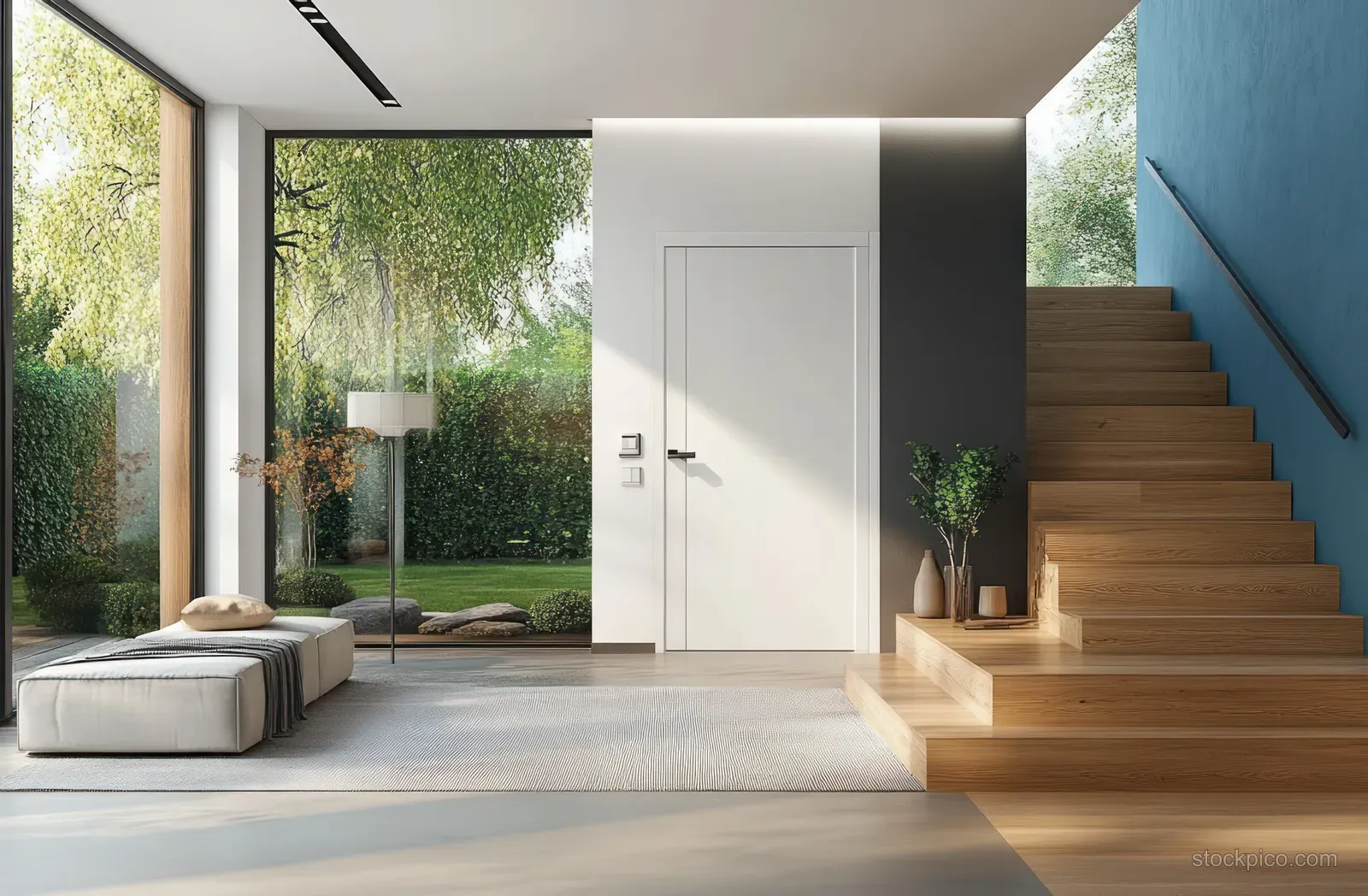 Minimalist hallway with wooden staircase, white door, and sunlit seating area visible through large windows.