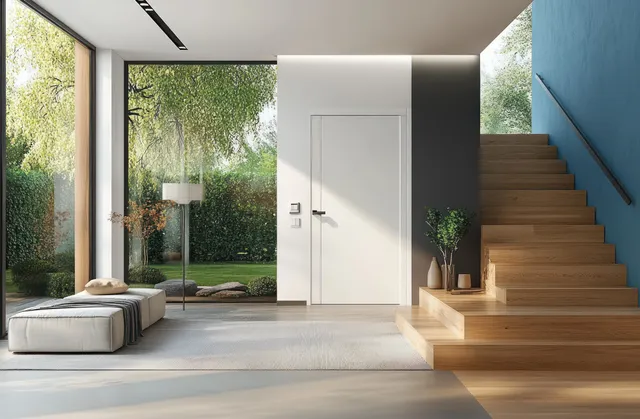 Minimalist hallway with wooden staircase, white door, and sunlit seating area visible through large windows.