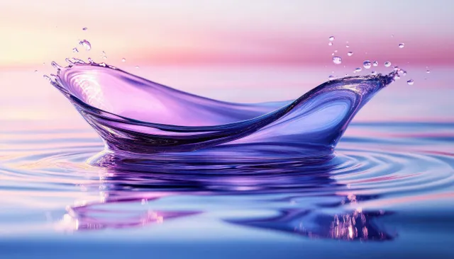 A purple water splash creates ripples on calm reflective water with a soft pastel gradient background.