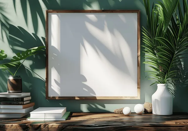 Empty wooden picture frame mockup with tropical leaves on sunlit Nordic desk in 3D render
