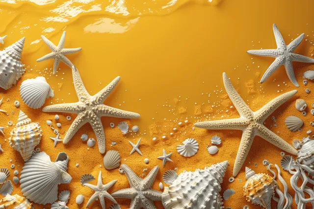 Yellow beach elements of starfish and seashells scattered across a textured surface with a blue background.