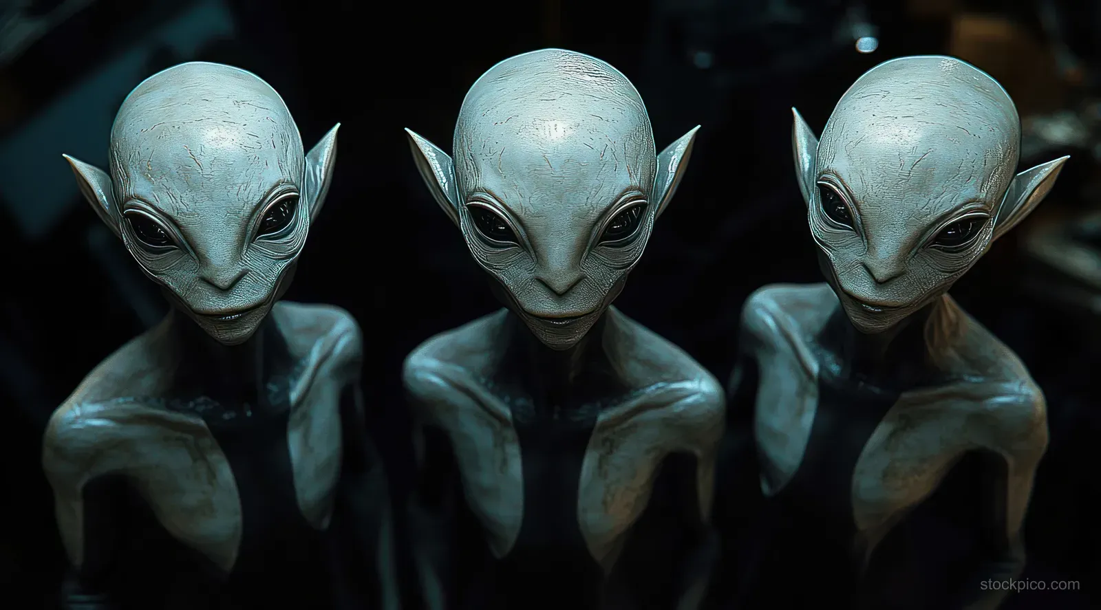Three slender alien humanoids with elongated ears and large dark eyes stand close together in dim blue light.
