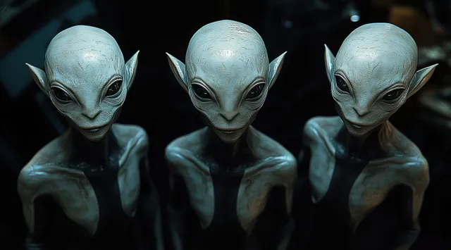 Three slender alien humanoids with elongated ears and large dark eyes stand close together in dim blue light.