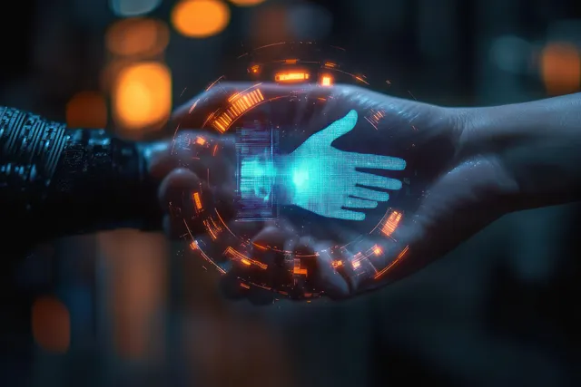Glowing holographic handshake linking human and robotic hands with futuristic interface rings