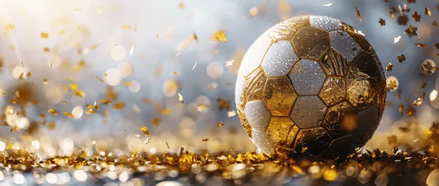 Gold soccer ball surrounded by drifting gold confetti and sparkling particles on a white celebratory background.