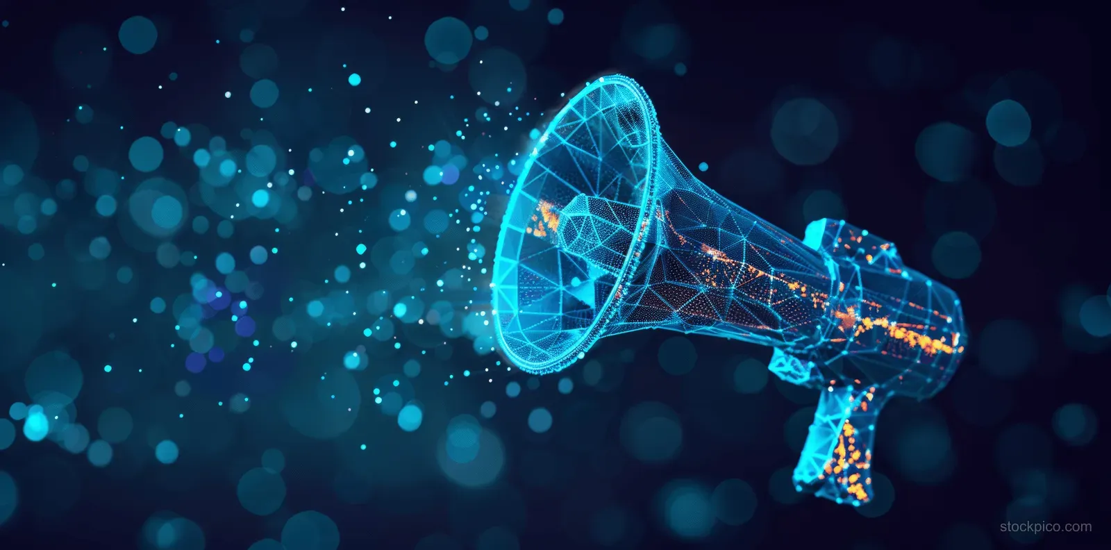 Neon low-poly wireframe megaphone emitting glowing particles on a dark blue background.
