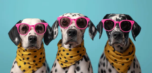 Two dalmatian dogs wearing pink sunglasses and yellow neckerchiefs pose against a solid blue background.