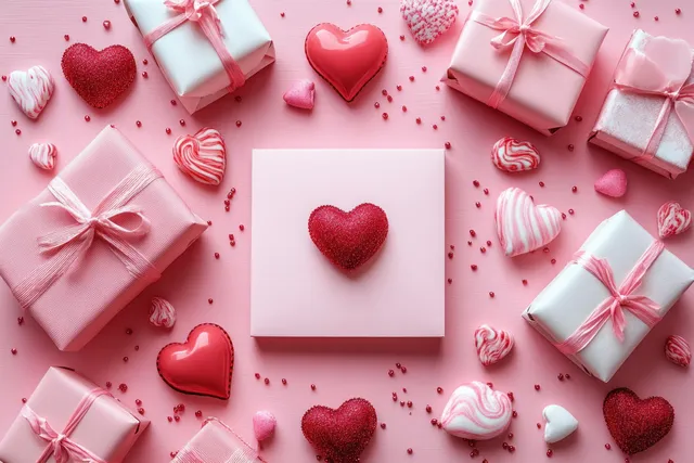 Overhead view of a blank Valentine card surrounded by wrapped gifts, red hearts, and pink confetti on a pink background.