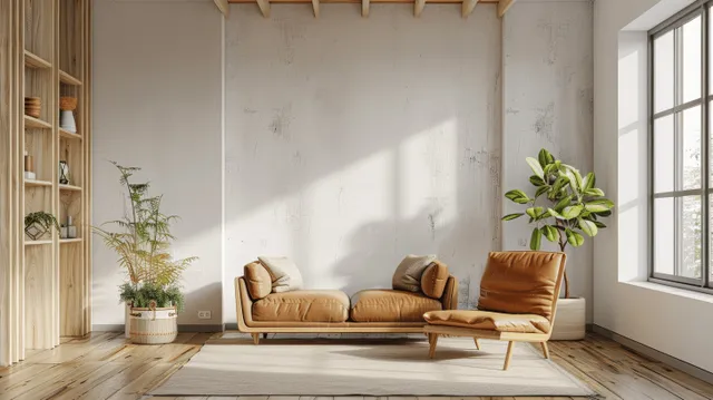 Bright Scandinavian living room with beige sofa, leather armchair, plants, and tall window light on wooden floor.