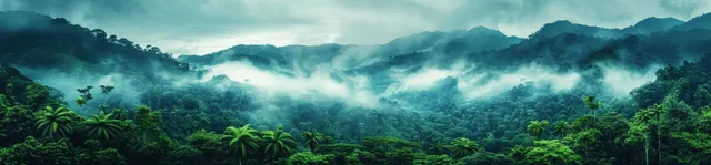 Misty tropical rainforest panorama with palm-filled jungle slopes and mountain ridges disappearing into clouds at dawn.