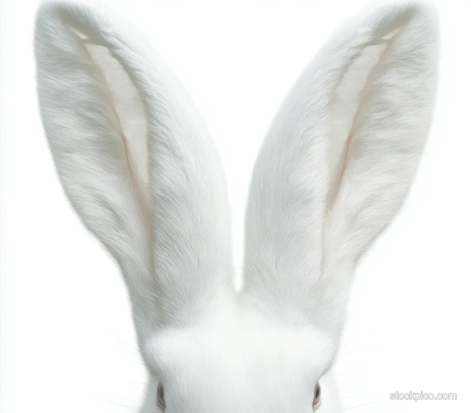 Close-up of a white rabbit’s head with large upright ears and soft fur on a white background.