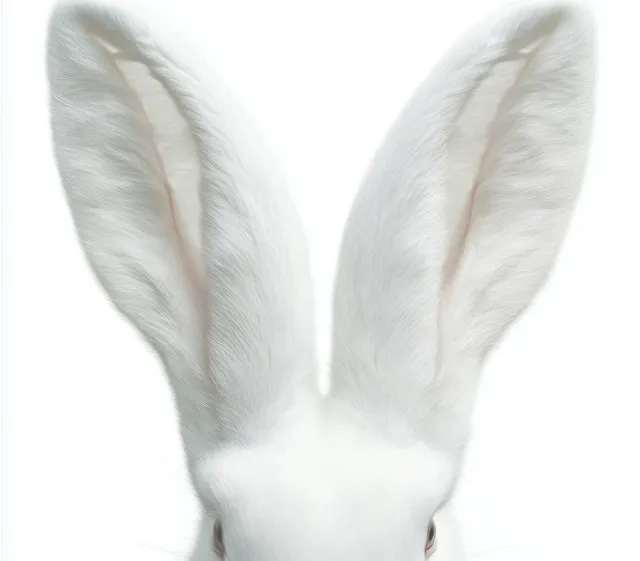 Close-up white rabbit face with tall upright ears and soft fur on white background with Calm Animal Imagery