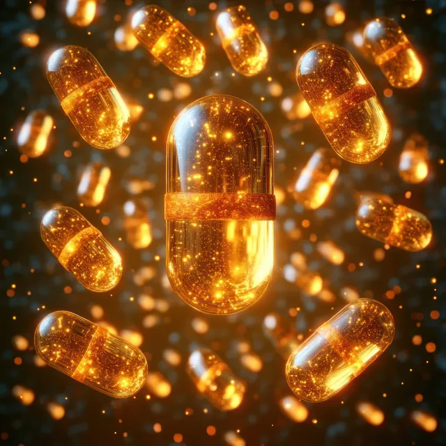 Futuristic Glowing Capsules with Golden Micro Particles