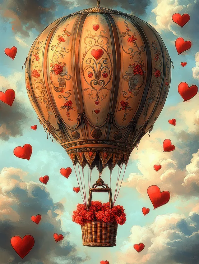 A vintage hot air balloon with floral heart patterns floats in cloudy skies surrounded by red heart-shaped balloons.