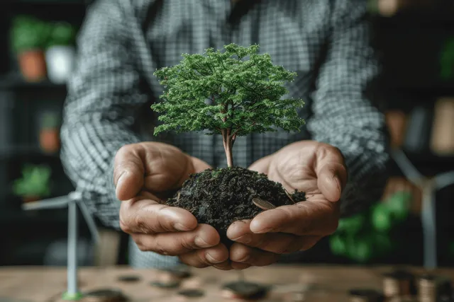 A person holds a small green sapling with dark soil in both hands beside scattered coins on a desk.