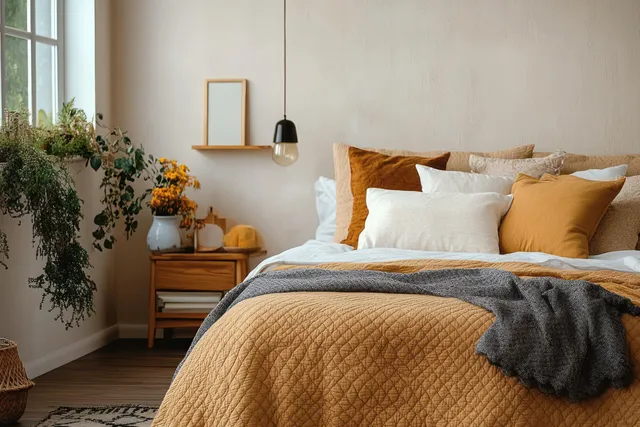 Sunlit Scandinavian bedroom with a made bed, warm quilt, minimalist bedside table, and plants by the window.
