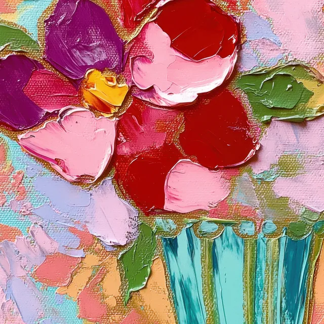 Colorful flower petals and a blue striped vase rendered in textured oil paint with visible brushstrokes on a pastel background.