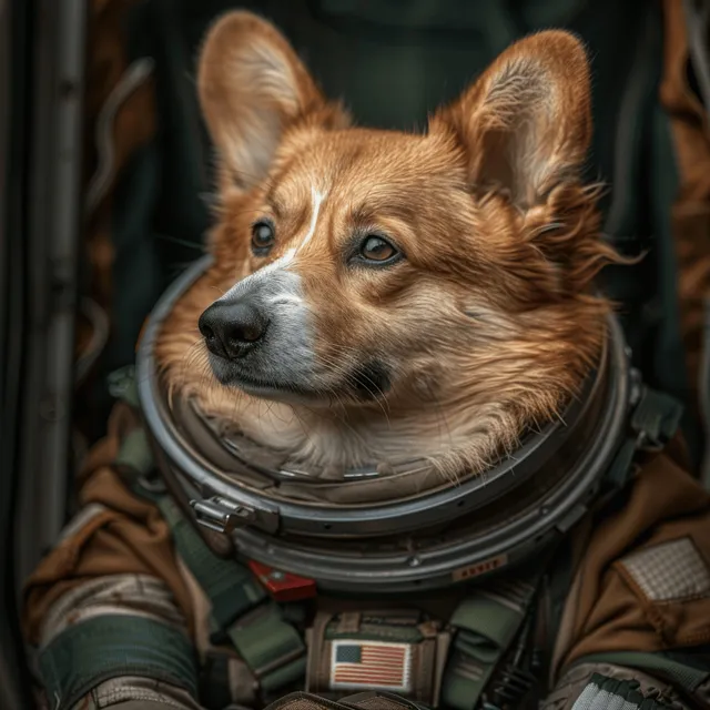 Corgi dog wearing an astronaut helmet and suit in a dark studio with soft lighting.
