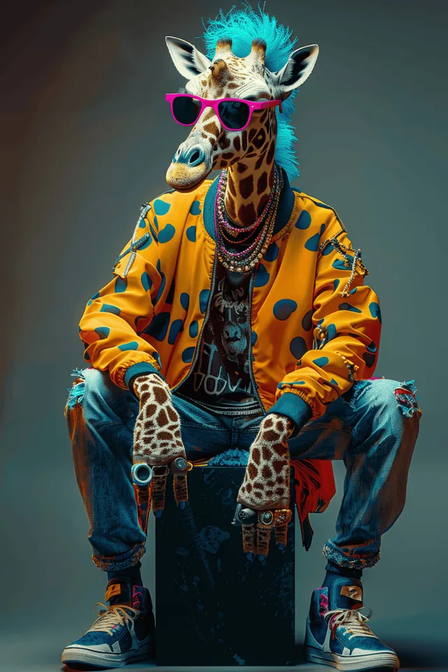 Anthropomorphic giraffe in colorful hip-hop jacket with blue hair posing on black cube with Urban Pop Culture
