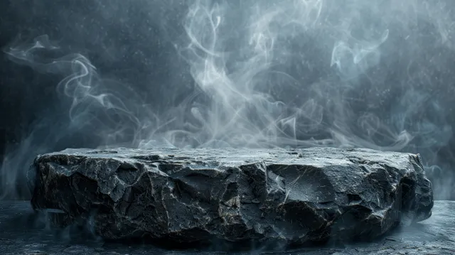 Granite stone podium floats in smoky water on a dark studio stage