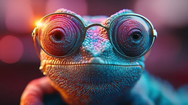 Chameleon with colorful sunglasses in a close-up portrait against a blurred pink gradient background.