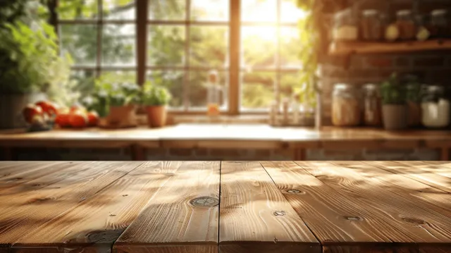 Empty wooden tabletop in sunlit modern kitchen, window light and soft bokeh background