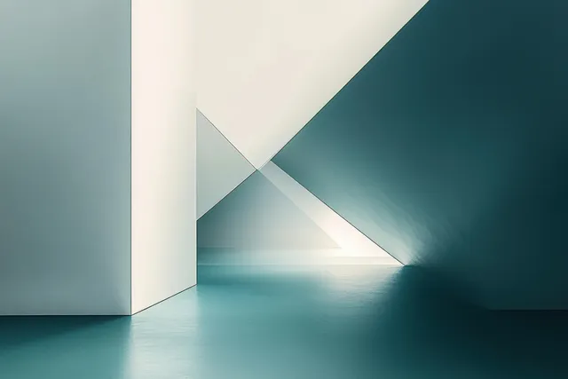 Minimalist corridor with teal and white geometric walls and a reflective floor illuminated by soft natural light.