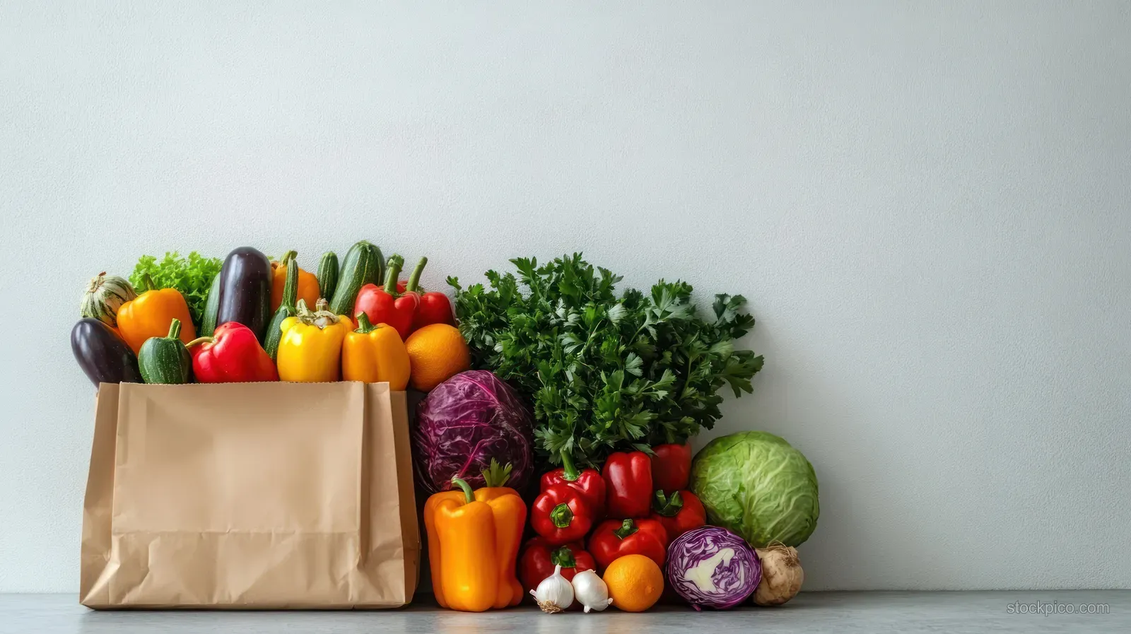 Colorful bell peppers, eggplants, cabbage, garlic, zucchini, and greens sit beside a brown paper grocery bag against a plain wall.