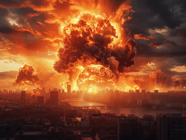 Mushroom cloud from a nuclear explosion rises over a burning city skyline under a smoky orange sky.