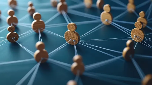 Wooden people figures connected by white strings form an abstract social network pattern on a dark surface.