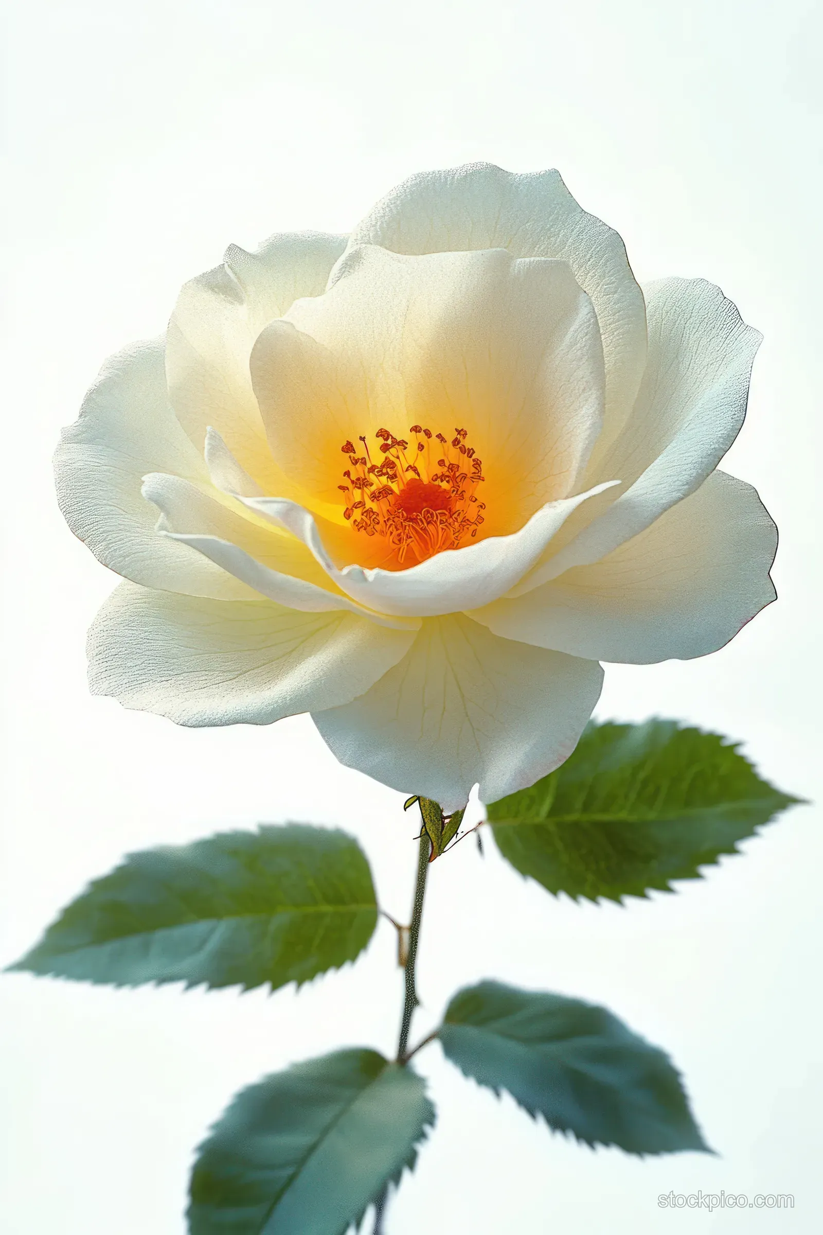A single cream rose with orange stamens and green leaves stands on a light background.