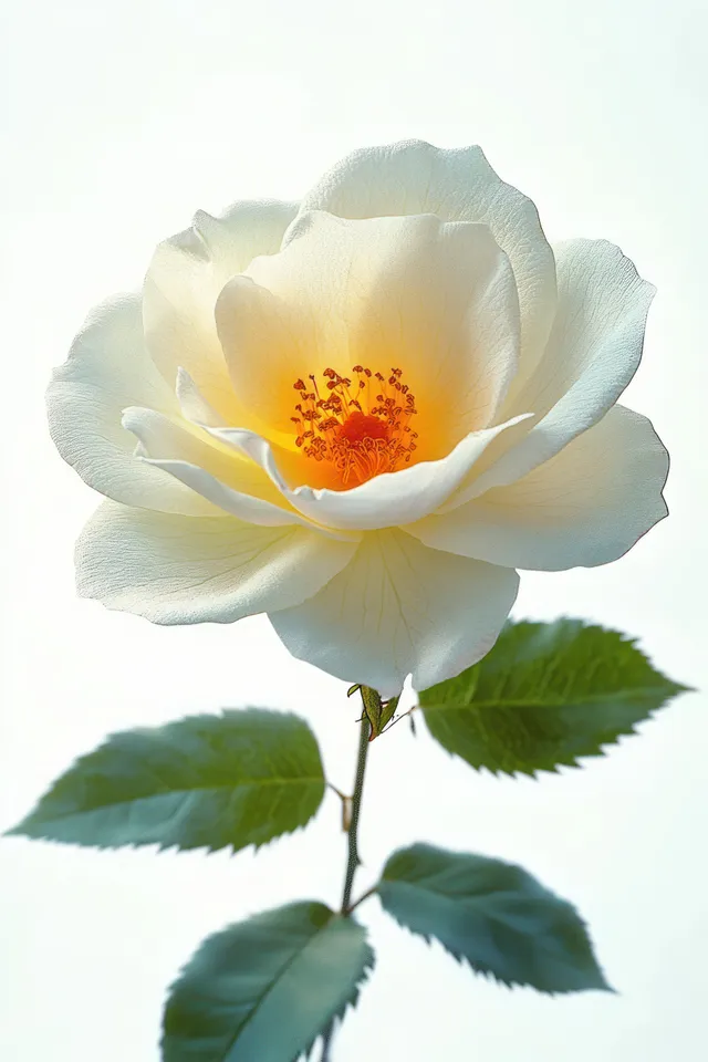 A single cream rose with orange stamens and green leaves stands on a light background.