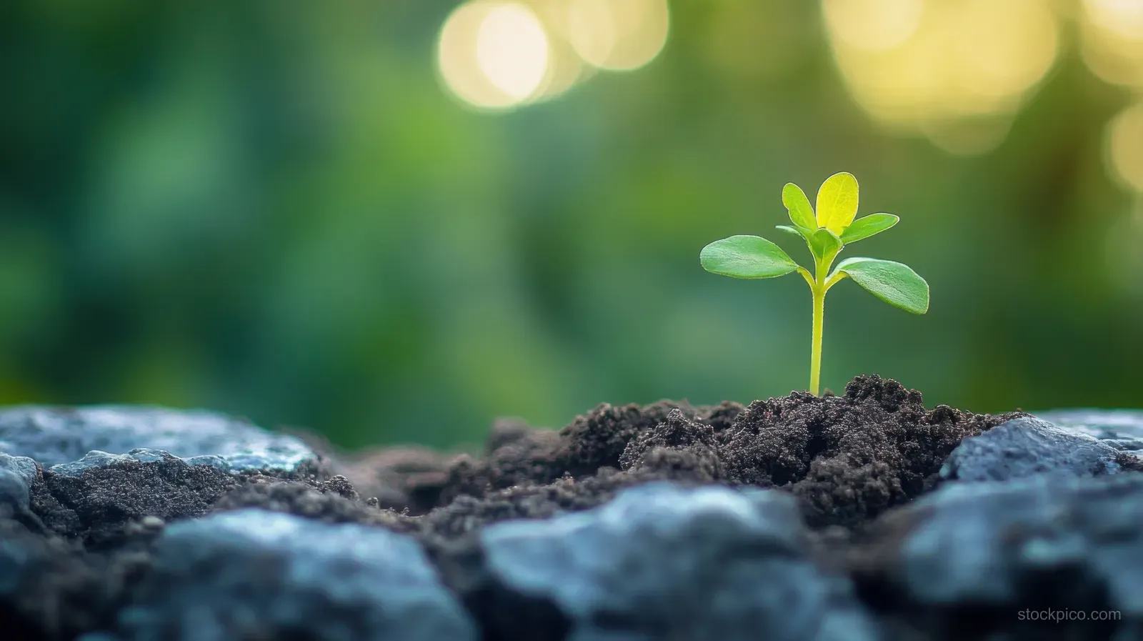 A small green sprout rises from cracked dark soil with soft sunlight and a blurred green bokeh background.