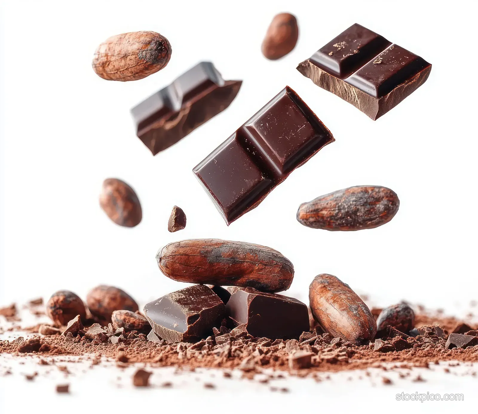 Dark chocolate pieces and cacao beans are floating above cocoa powder on a white surface.