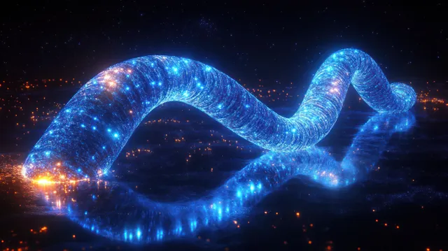 A blue and orange glowing snake-like ribbon twists through reflective dark space with scattered light particles.